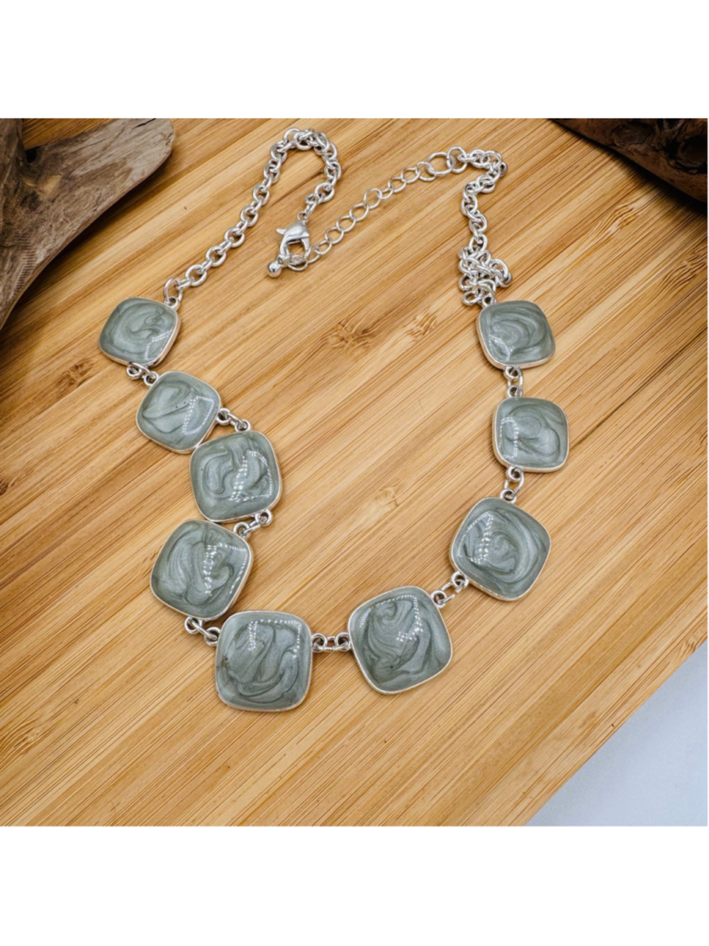 01-Silver Tone Sage Green Swirl Statement Necklace